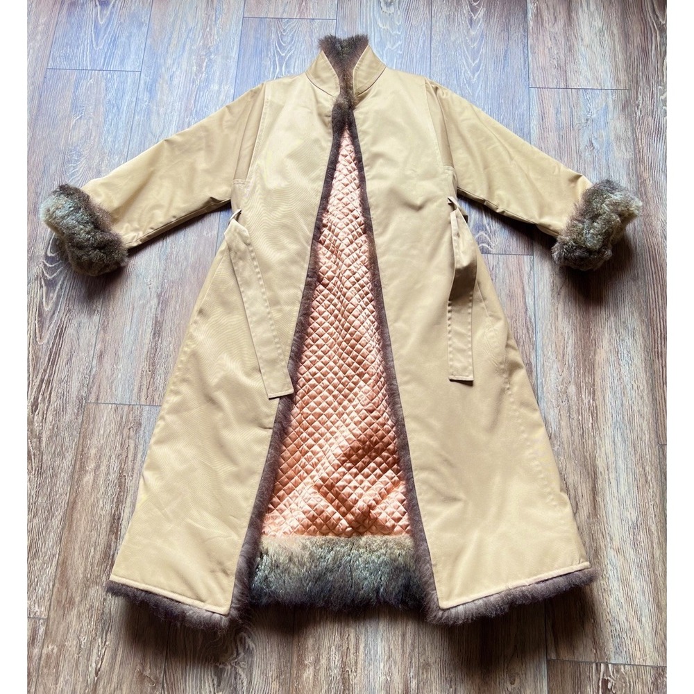 Vintage 60s 70s Tan Coat Genuine Fur Trim Quilted Lining Belted Mod Camel M/L